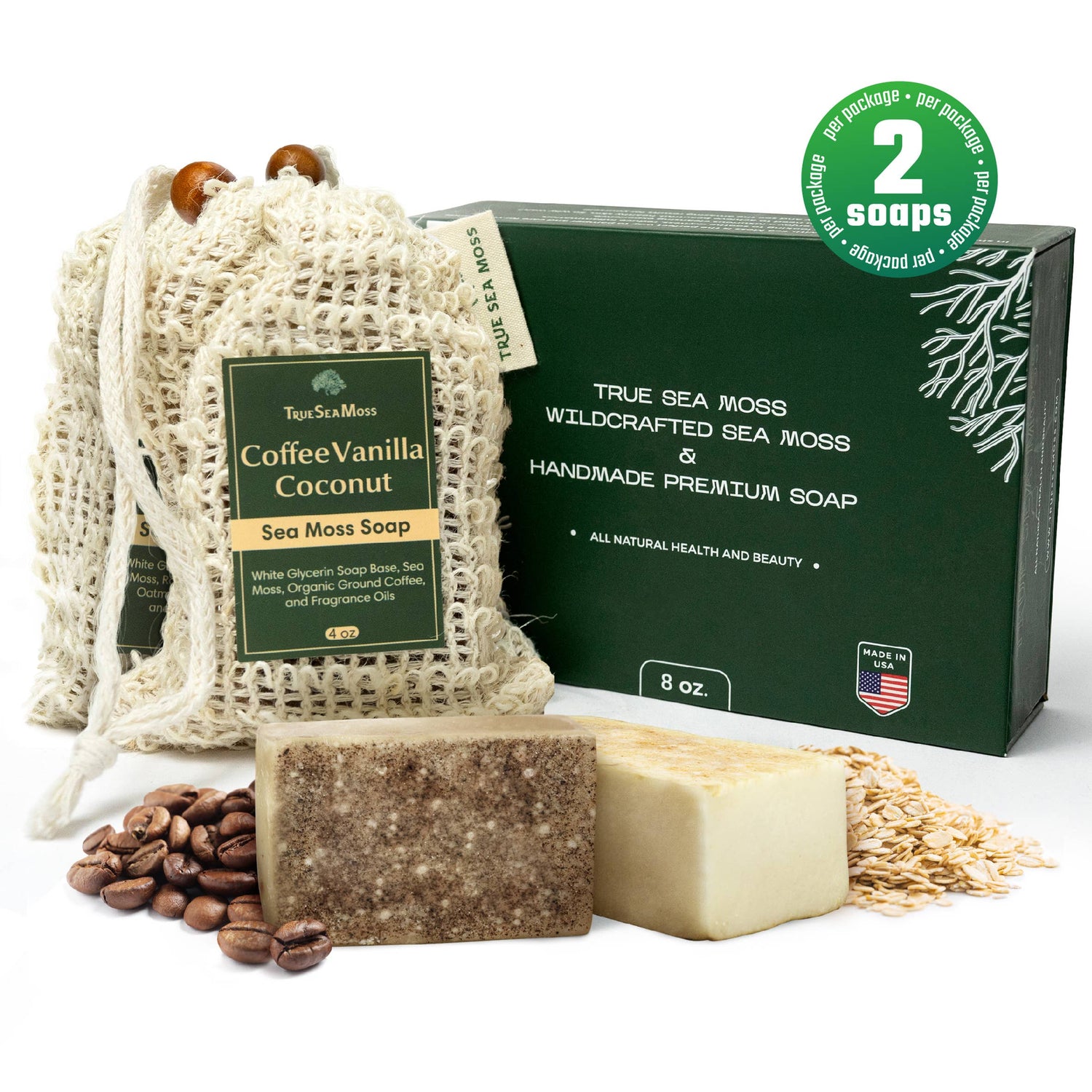 True Sea Moss - Lot de 2 savons de mousse de mer : Savon à l'Avoine et au Miel et Savon au Café, Vanille et Noix de Coco - Bewell
