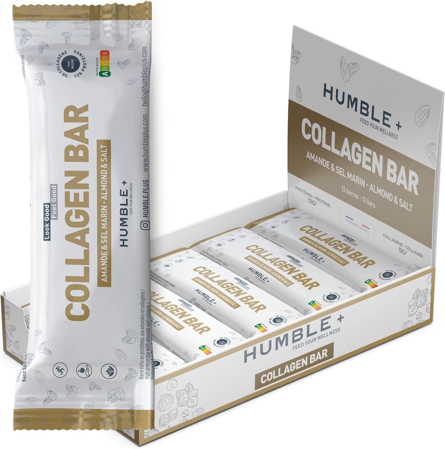 Pack de 12 Barres Protéinées Humble+ Collagène, Saveur Amande et Sel